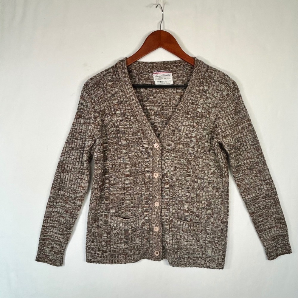 Susan Bristol Vintage Brown Marled Knit Wool Blend Button Front Cardigan Sweater